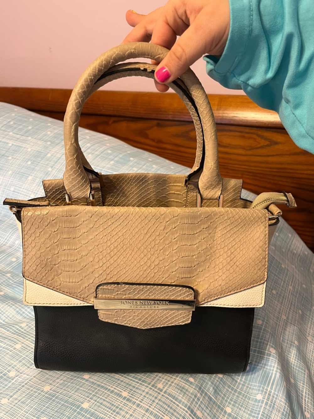 Jones New York Beige, Black and cream color  Colorblock Top-Handle Satchel